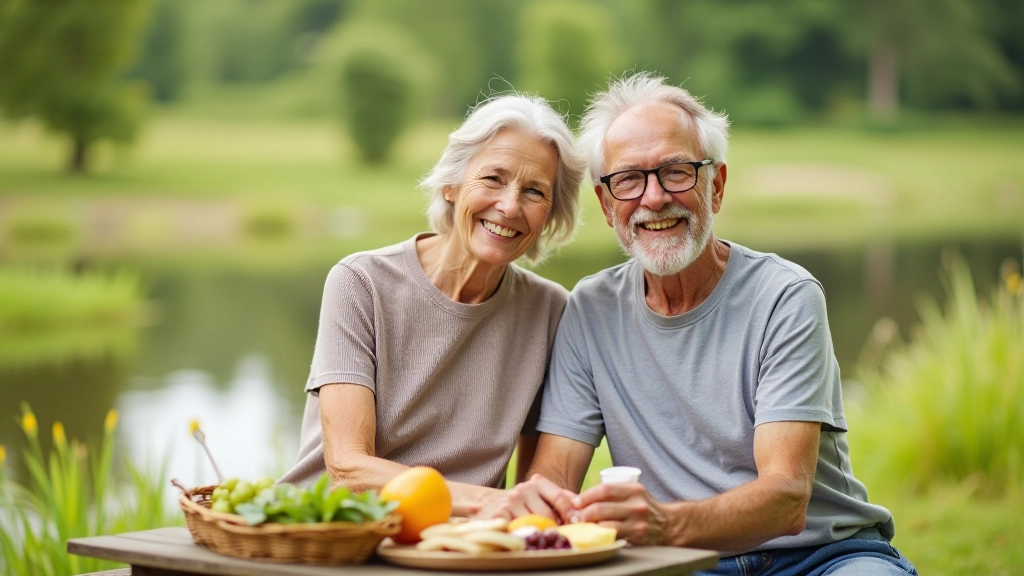Elderly couple enjoying a picnic lunch at outdoor meadow seating area near water