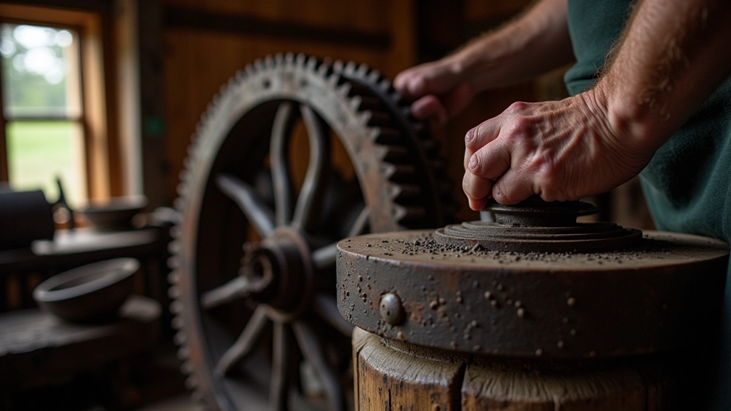 Close-up of historic mill machinery and wooden gears, showing traditional grinding stone details