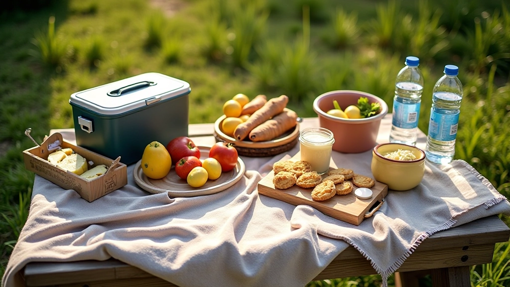 Overhead view of picnic supplies arranged on wooden table: blanket, cooler, food containers, water bottles, and napkins