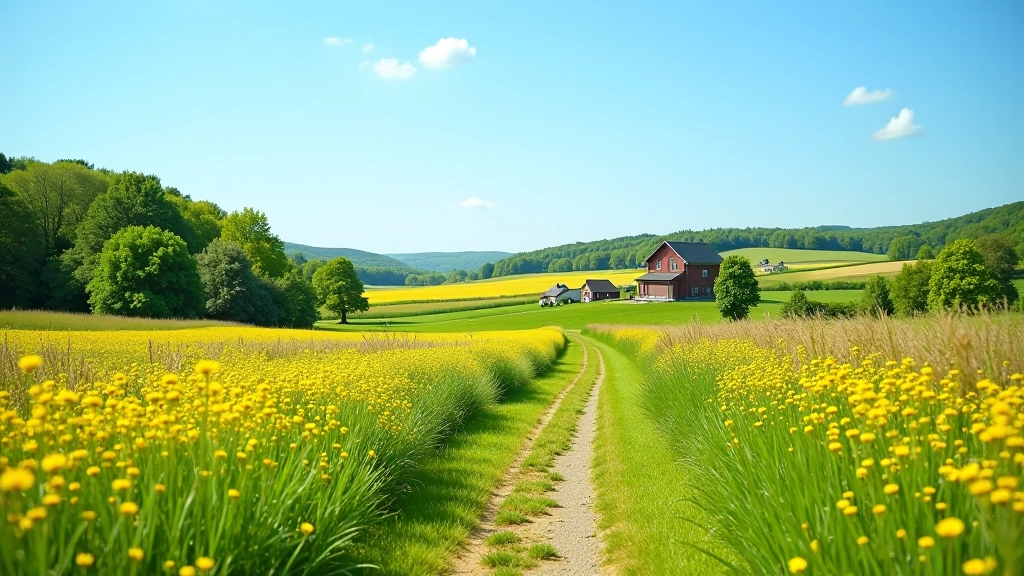 Wide meadow view with walking path, native wildflowers blooming, and distant mill structure visible