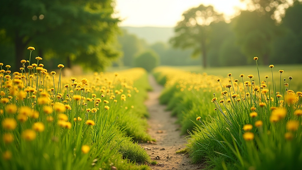 Winding path through peaceful meadow with native wildflowers blooming