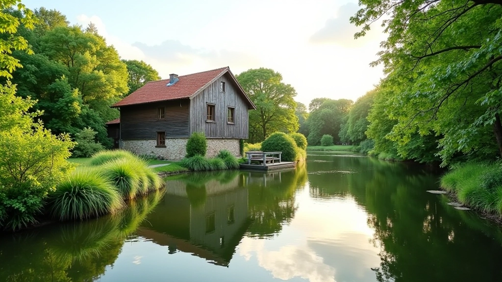 Peaceful watermill pond with natural surroundings