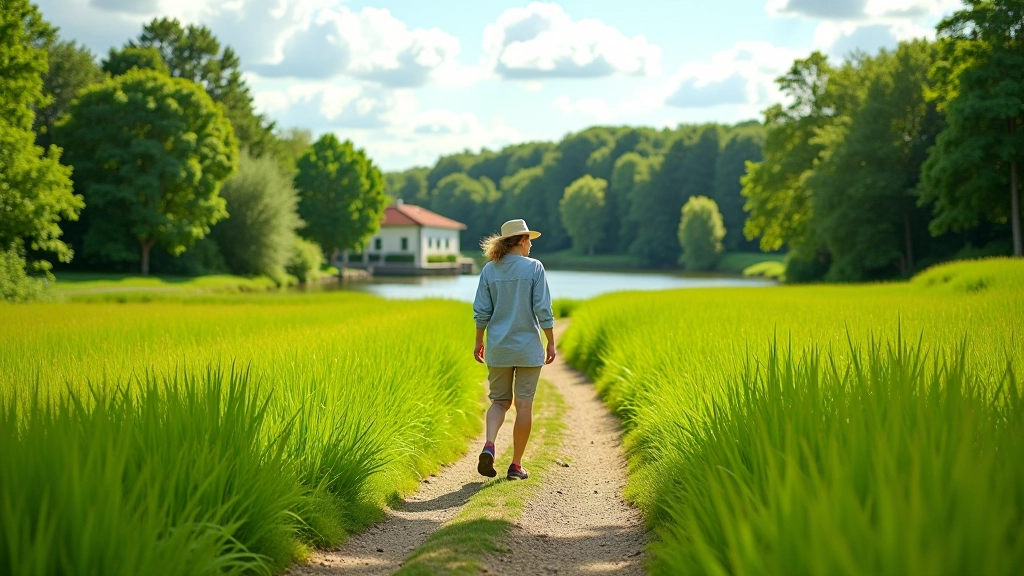 Scenic walking path through green meadow with mill visible in distance, river flowing nearby