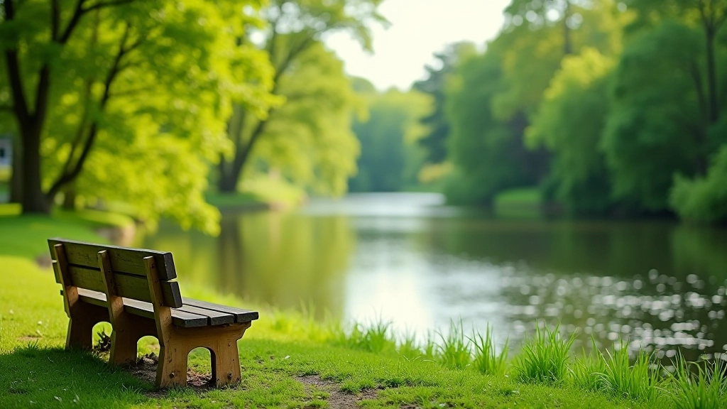 Peaceful sitting area with wooden benches overlooking river, green landscape in background