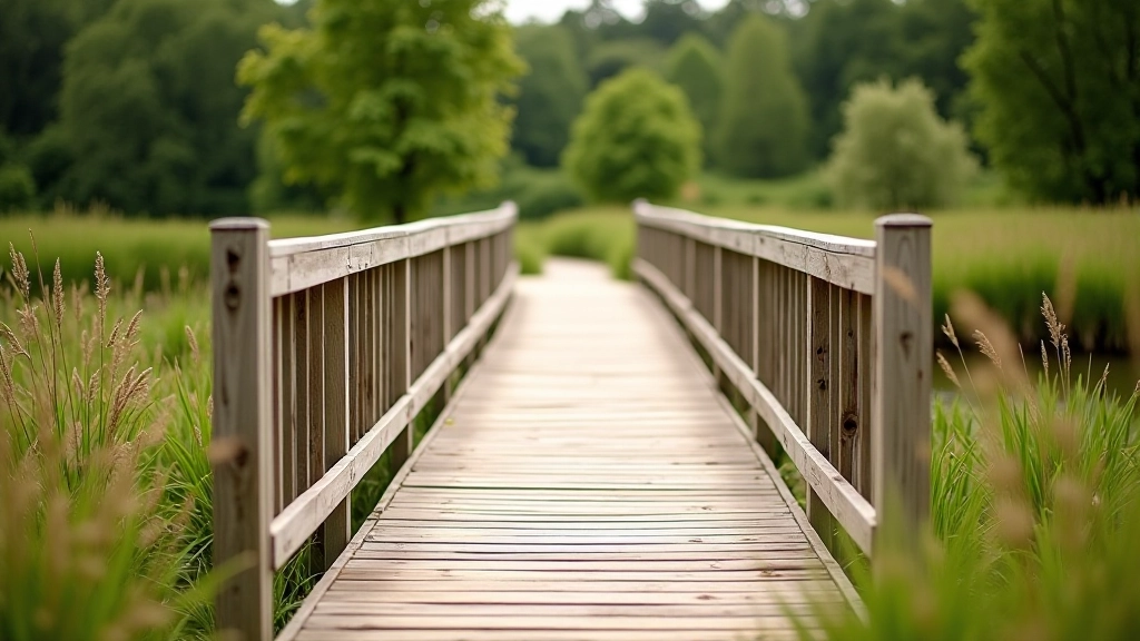 Wooden boardwalk pathway with handrails through natural landscape terrain